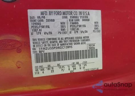 1998 Ford Explorer Eddie Bauer/Limited/Xlt z USA, uszkodzony, nr VIN 1FMZU35P5WZC12895